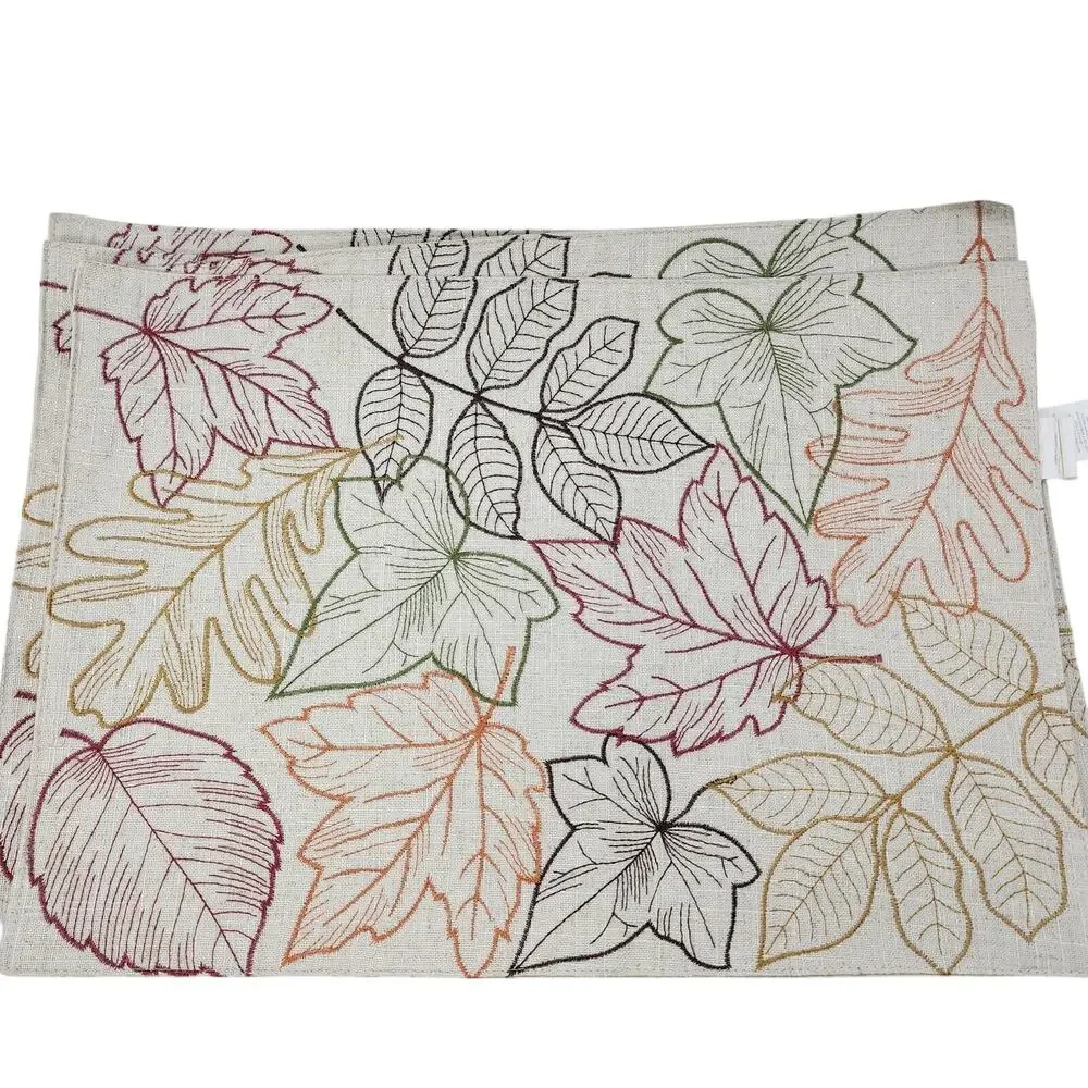 Fall Thanksgiving (4) Placemats 18x12 Embroidered Red Green Brown Leaves Holiday